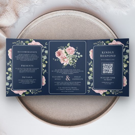 Blush Pink Floral Eukalyptus Navy Blue Wedding Dreifach Gefaltete Einladung