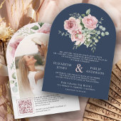 Blush Pink Floral Eukalyptus Navy Blue Wedding Einladung