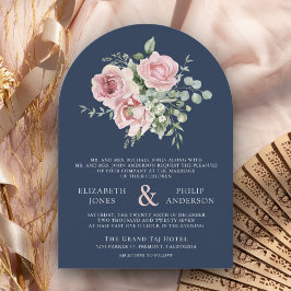 Blush Pink Floral Eukalyptus Navy Blue Wedding Einladung