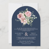 Blush Pink Floral Eukalyptus Navy Blue Wedding Einladung (Vorderseite)