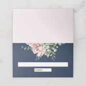 Blush Pink Floral Eukalyptus Navy Blue Wedding Platzkarte (Außenseite Aufgefaltet)