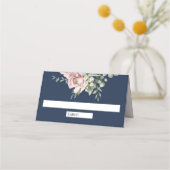 Blush Pink Floral Eukalyptus Navy Blue Wedding Platzkarte (Vorderseite)