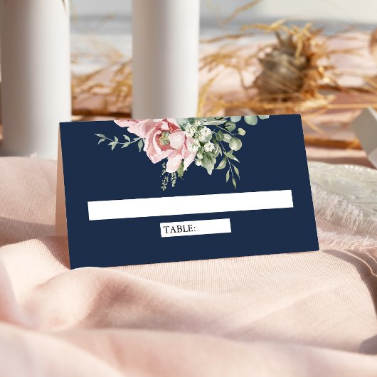Blush Pink Floral Eukalyptus Navy Blue Wedding Platzkarte