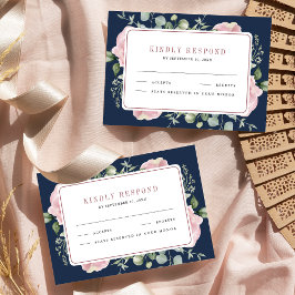 Blush Pink Floral Eukalyptus Navy Blue Wedding RSVP Karte
