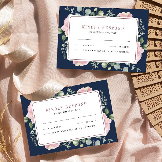 Blush Pink Floral Eukalyptus Navy Blue Wedding RSVP Karte