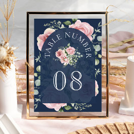 Blush Pink Floral Eukalyptus Navy Blue Wedding Tischnummer