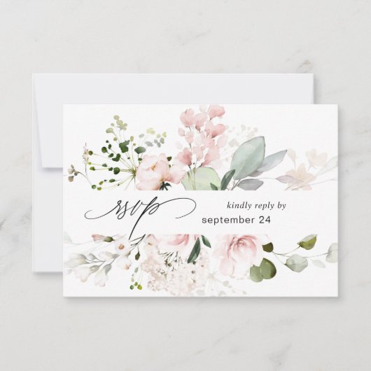 Blush Pink Floral & Eukalyptus w Meal RSVP Karte 2 (Vorderseite)