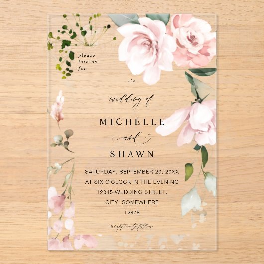 Blush Pink Floral & Eukalyptus Wedding 2B Acryleinladungen (Vorderseite)