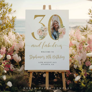 Blush Pink Floral Foto 30. Geburtstag Begrüßungsze Poster