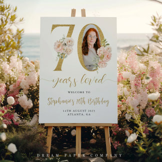 Blush Pink Floral Foto 70. Geburtstag Begrüßungsze Poster