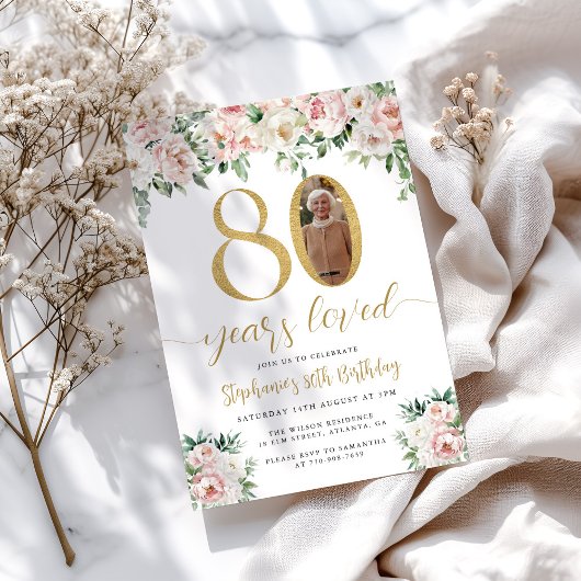 Blush Pink Floral Foto 80. Geburtstag Einladung