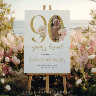 Blush Pink Floral Foto 90. Geburtstag Begrüßungsze Poster