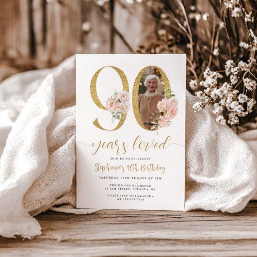 Blush Pink Floral Foto 90. Geburtstag Einladung