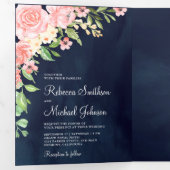 Blush Pink Floral Foto Collage Navy Blue Hochzeit Dreifach Gefaltete Einladung (Innen Erste Seite)