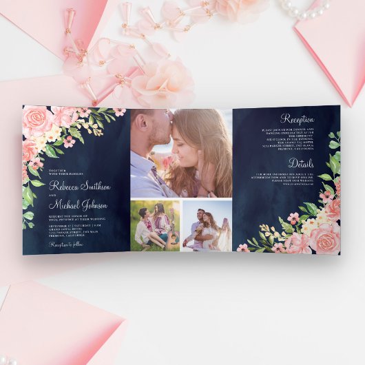 Blush Pink Floral Foto Collage Navy Blue Hochzeit Dreifach Gefaltete Einladung