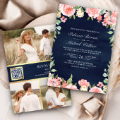 Blush Pink Floral Foto QR Code Navy Blue Wedding Einladung