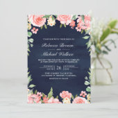 Blush Pink Floral Foto QR Code Navy Blue Wedding Einladung (Stehend Vorderseite)