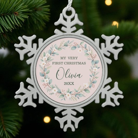 Blush Pink Floral Frame Baby's First Christmas Schneeflocken Zinn-Ornament