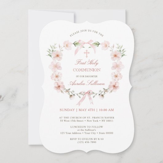 Blush Pink Floral Frame Erste heilige Kommune Einladung (Vorderseite)