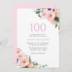 Blush Pink Floral Frauen 100. Geburtstagsparty Einladung