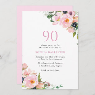 Blush Pink Floral Frauen 90. Geburtstagsparty Einladung