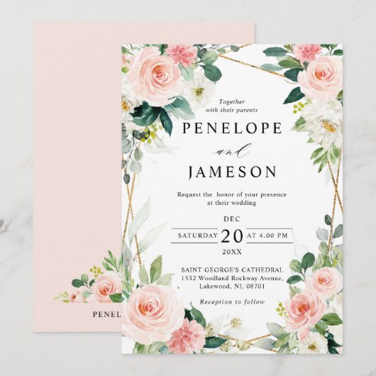 Blush Pink Floral Geometric Botanical Wedding Invi Einladung (Vorne/Hinten)