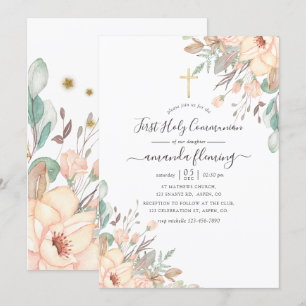 Blush Pink Floral Girl Erste Heilige Kommune Einladung