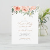 Blush Pink Floral Girl Erste Kommune Einladung (Stehend Vorderseite)
