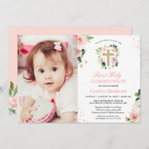 Blush Pink Floral Girl First Holy Communy Foto Einladung