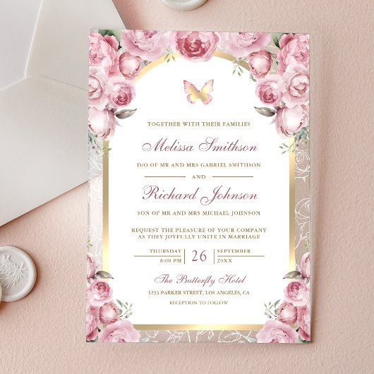 Blush Pink Floral Gold Arch Butterfly Wedding Acryleinladungen