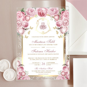 Blush Pink Floral Gold Arch muslimische Hochzeit Acryleinladungen