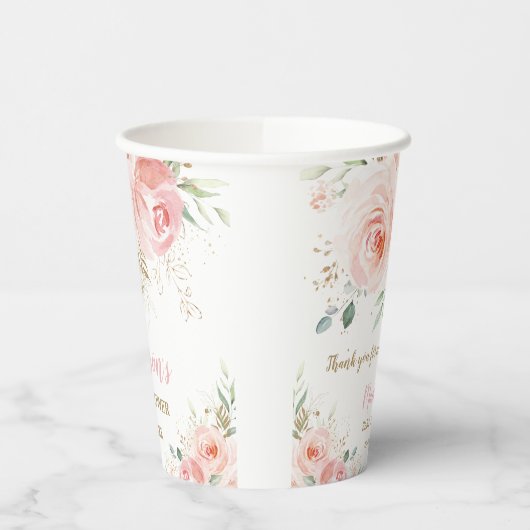 Blush Pink Floral Gold Bridal Baby Dusche Geburtst Pappbecher (Links)