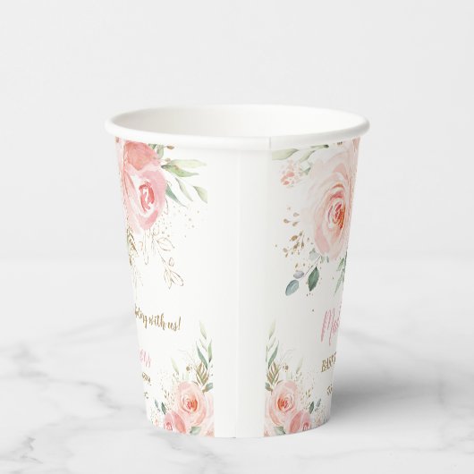 Blush Pink Floral Gold Bridal Baby Dusche Geburtst Pappbecher (Rechts)