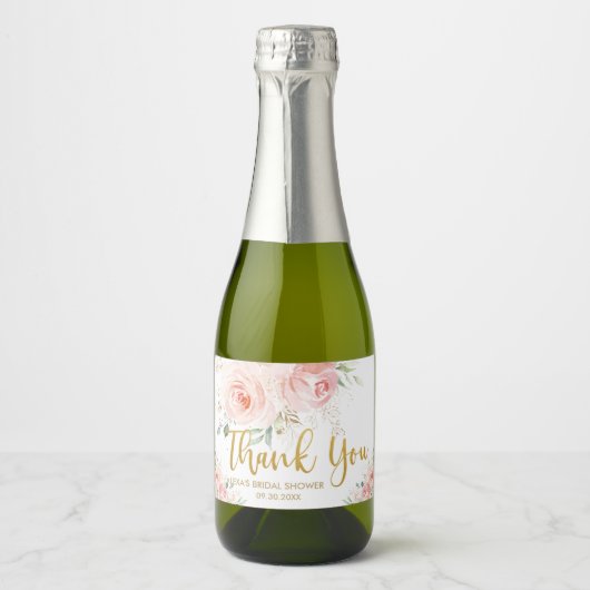 Blush Pink Floral Gold Bridal Baby Dusche Geburtst Schaumweinetikett (Vorderseite)