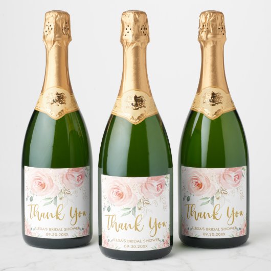 Blush Pink Floral Gold Bridal Baby Dusche Geburtst Schaumweinetikett (Flaschen)