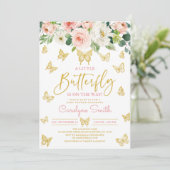Blush Pink Floral Gold Butterfly Baby Dusche Einladung (Stehend Vorderseite)
