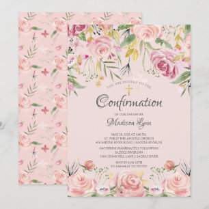 Blush Pink Floral & Gold Cross Bestätigung Einladung