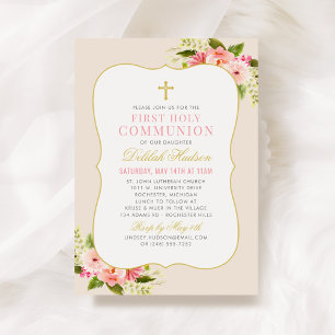 Blush Pink Floral Gold Cross First CommunityGirl Einladung