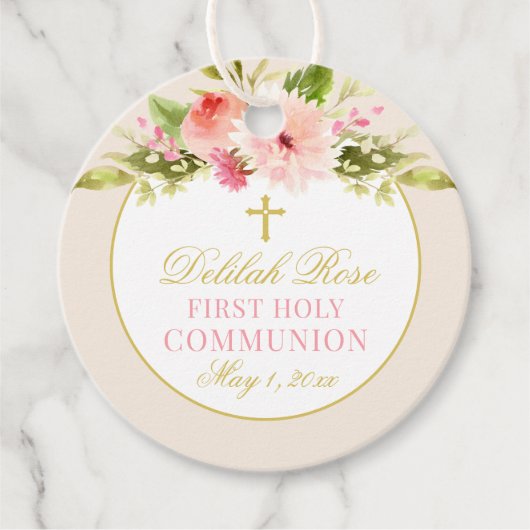 Blush Pink Floral Gold Cross First CommunityGirl Geschenkanhänger (Vorderseite)