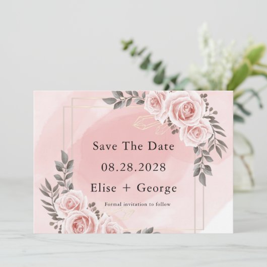 Blush Pink Floral Gold Crystal Save The Date Einladung (Stehend Vorderseite)
