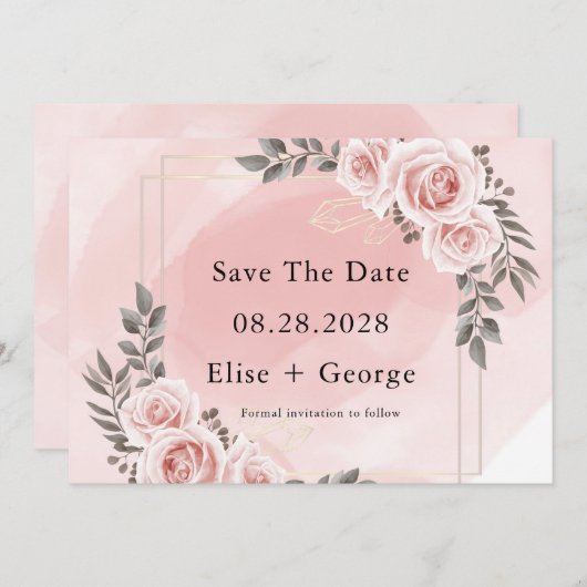 Blush Pink Floral Gold Crystal Save The Date Einladung (Vorne/Hinten)