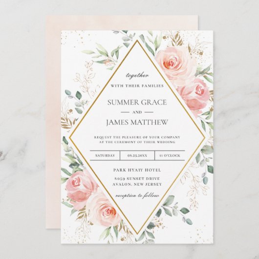 Blush Pink Floral Gold Diamond Geometrische Hochze Einladung (Vorne/Hinten)