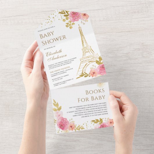 Blush Pink Floral Gold Eiffelturm Babydusche All In One Einladung (Abreißen)