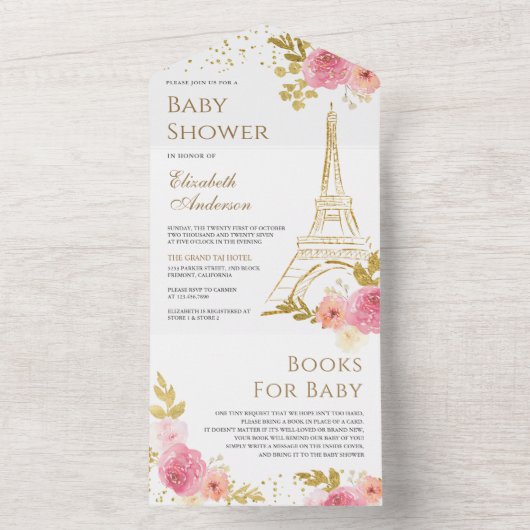 Blush Pink Floral Gold Eiffelturm Babydusche All In One Einladung (Innen Boden)