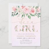 Blush Pink Floral Gold Es ist eine Girl Baby Dusch Einladung (Vorderseite)