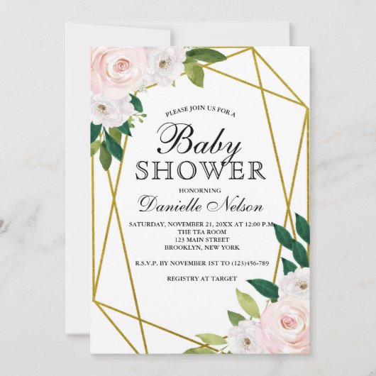 Blush Pink Floral Gold Frame Baby Dusche Einladung (Vorderseite)