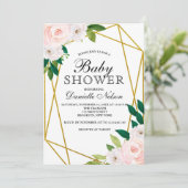 Blush Pink Floral Gold Frame Baby Dusche Einladung (Stehend Vorderseite)