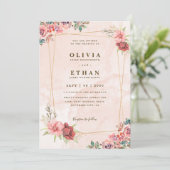 Blush Pink Floral Gold Geometric Wedding Einladung (Stehend Vorderseite)