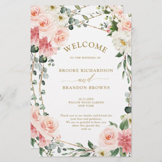 Blush Pink Floral Gold Geometric Wedric Program (Vorne/Hinten)