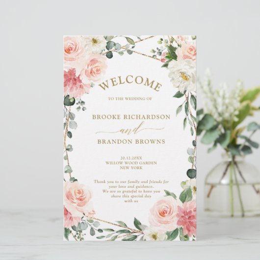 Blush Pink Floral Gold Geometric Wedric Program (Stehend Vorderseite)